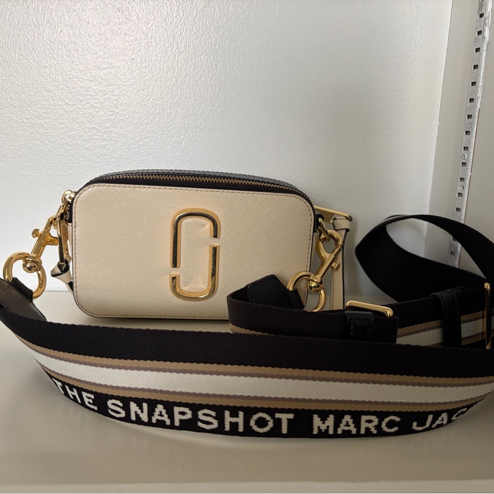 Marc Jacobs Cream and Black Snapshot Crossbody with Striped Strap